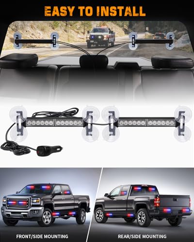 XRIDONSEN 2x 10.7 inch Red Blue Police Lights 24 LED Emergency Strobe Lights Warning Flashing Safety Side Window Front/Rear Windshield Light Grill Surface Mount for Law Enforcement Vehicles Trucks Car - Image 5