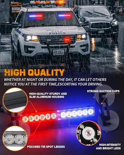 XRIDONSEN 2x 10.7 inch Red Blue Police Lights 24 LED Emergency Strobe Lights Warning Flashing Safety Side Window Front/Rear Windshield Light Grill Surface Mount for Law Enforcement Vehicles Trucks Car - Image 3