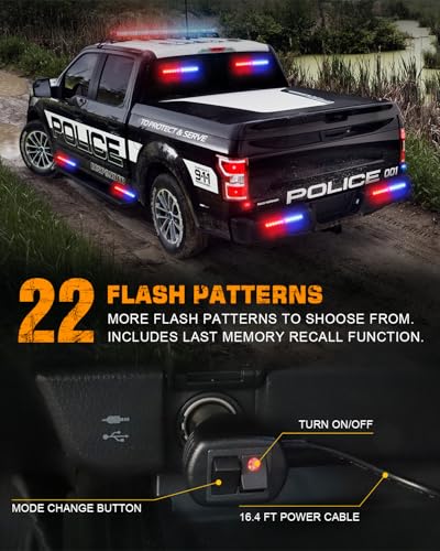 XRIDONSEN 2x 10.7 inch Red Blue Police Lights 24 LED Emergency Strobe Lights Warning Flashing Safety Side Window Front/Rear Windshield Light Grill Surface Mount for Law Enforcement Vehicles Trucks Car - Image 4