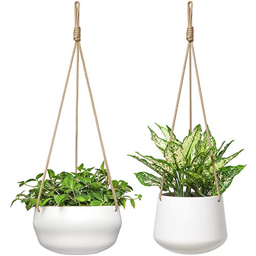 Mkono Mkono Ceramic Hanging Planter of Shallow 8 Inch and Deep 6 Inch for Indoor Outdoor Plants Set of 2 Modern Plant Pot Geometric Porcelain Hanging Basket with Polyester Rope Hanger 