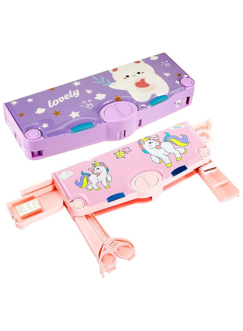 general Pencil Case, 2 Pieces Multifunctional Children's Pencil Case with Button Cartoon Pattern Pencil Case, Stationery Set with Compartments - Image 1