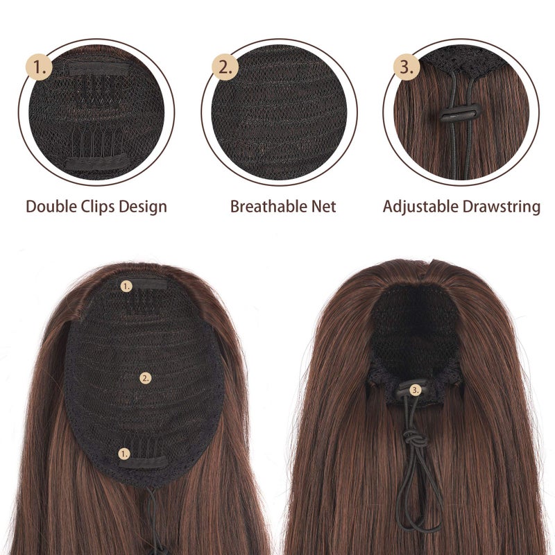 BARSDAR Dark Brown Ponytail Extension - 14 Inch Short Straight Drawstring Ponytail Extensions for Women, Synthetic Drawstring Clip in Pony Tails Hairpieces Fake Straight Ponytails - Darkest Brown - Image 3