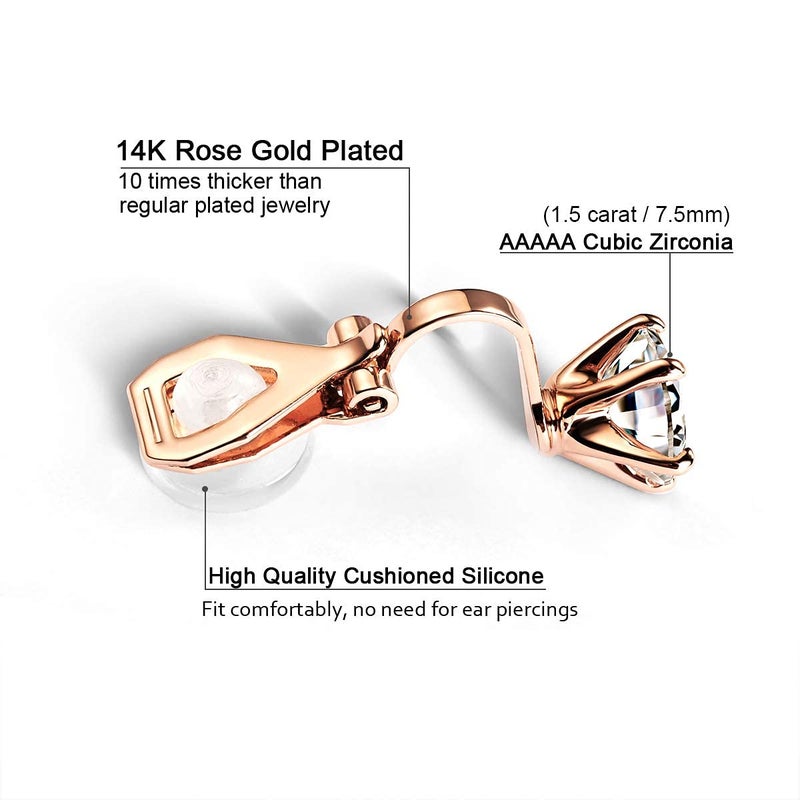 AllenCOCO 14K Rose Gold Plated 1.5 Carat CZ Clip-On Earrings - 7.5mm Round Cut Simulated diamond Clip-ons - Image 2