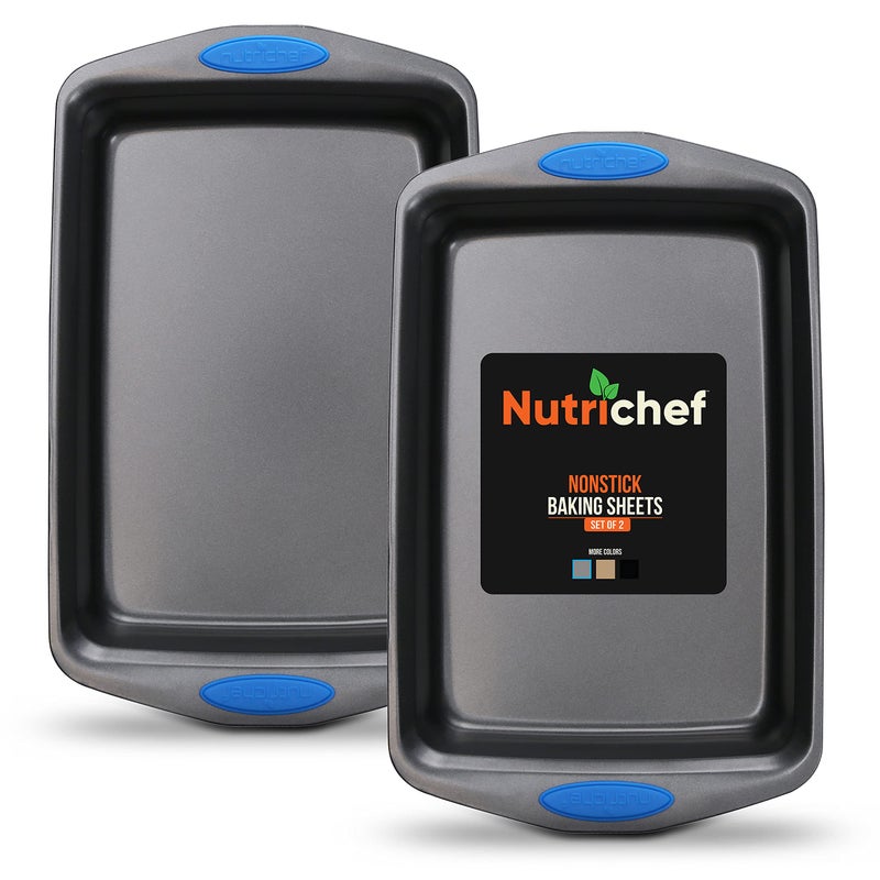 NutriChef 2Piece Baking Pan Set Premium NonStick Coating Carbon Steel Bakeware w Silicone Handles PFOA PFOS PTFE Free Kitchen Oven Bake Tray Cookie Sheets Dark Gray 173x114x12