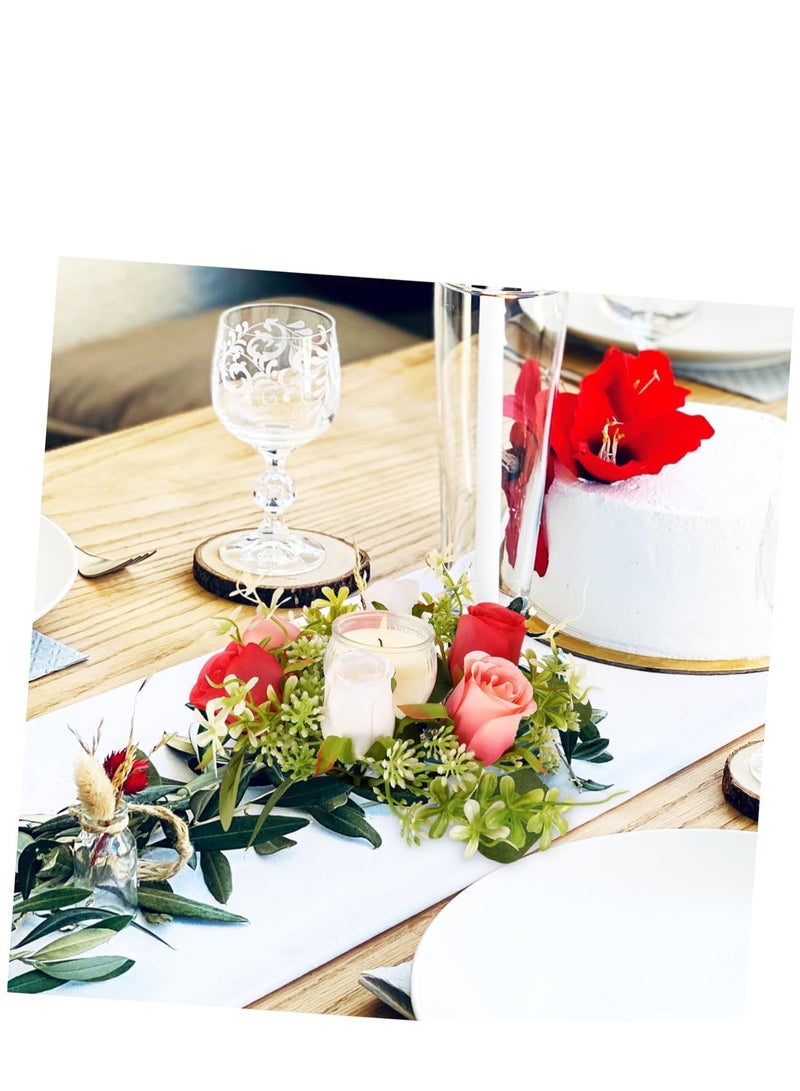 SYOSI Candle Decoration Garland Wedding Candle Wreath Spring Wreath Ring Candle Stick Wreaths Fake Roses Candle Ring Artificial Floral Wreath Green Candles Mini Silk Flower Scented Tea - Image 3