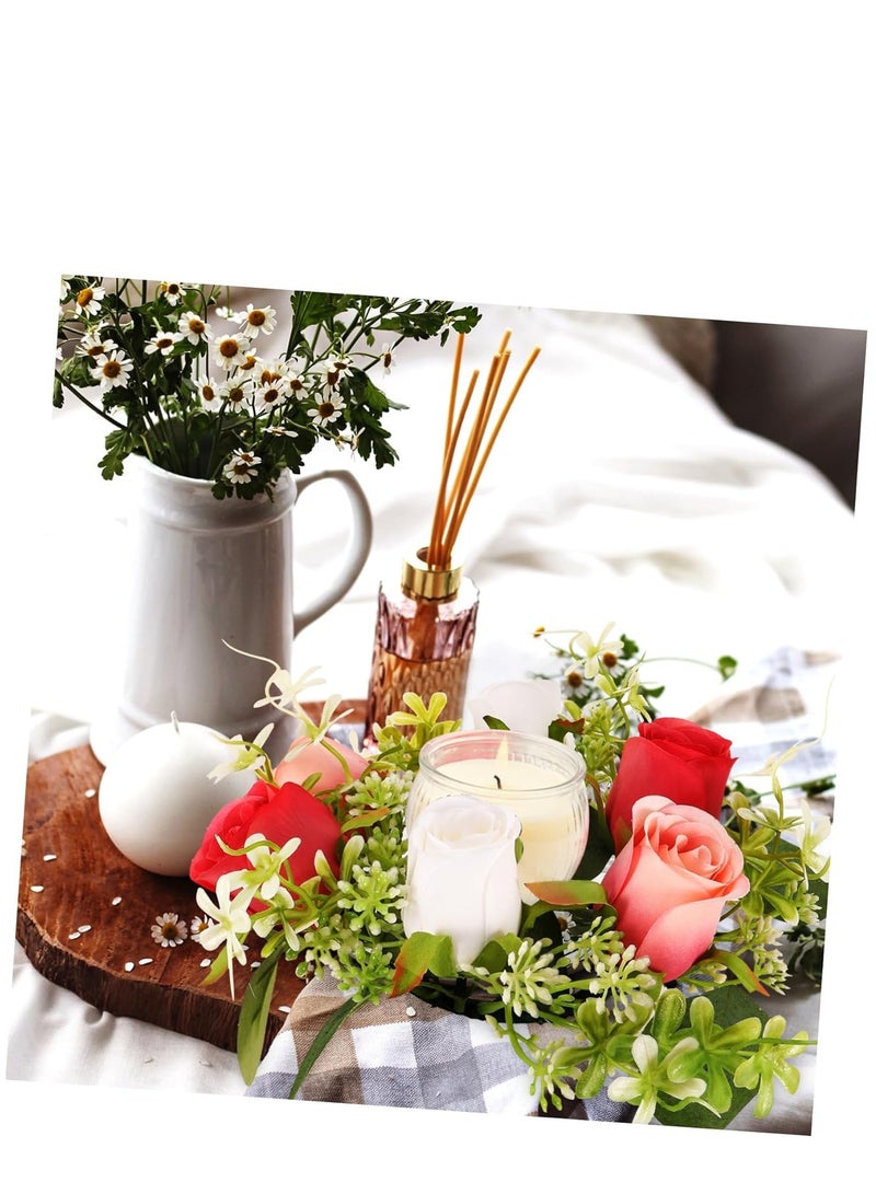 SYOSI Candle Decoration Garland Wedding Candle Wreath Spring Wreath Ring Candle Stick Wreaths Fake Roses Candle Ring Artificial Floral Wreath Green Candles Mini Silk Flower Scented Tea - Image 4