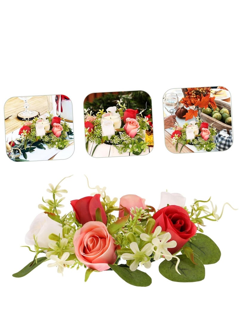 SYOSI Candle Decoration Garland Wedding Candle Wreath Spring Wreath Ring Candle Stick Wreaths Fake Roses Candle Ring Artificial Floral Wreath Green Candles Mini Silk Flower Scented Tea - Image 5