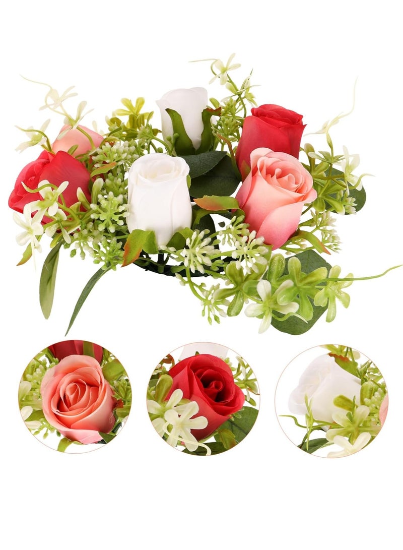 SYOSI Candle Decoration Garland Wedding Candle Wreath Spring Wreath Ring Candle Stick Wreaths Fake Roses Candle Ring Artificial Floral Wreath Green Candles Mini Silk Flower Scented Tea - Image 2