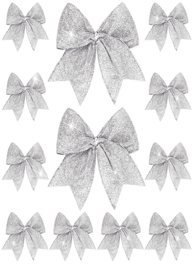 Panelee 12 Pieces Christmas Glitter Bow Decorations 6 x 6 Inches Small Christmas Tree Bows Ornaments Gift Shiny Holiday Xmas Ribbon Decor for Wreath, Garland, DIY Crafts(Silver) - Image 1