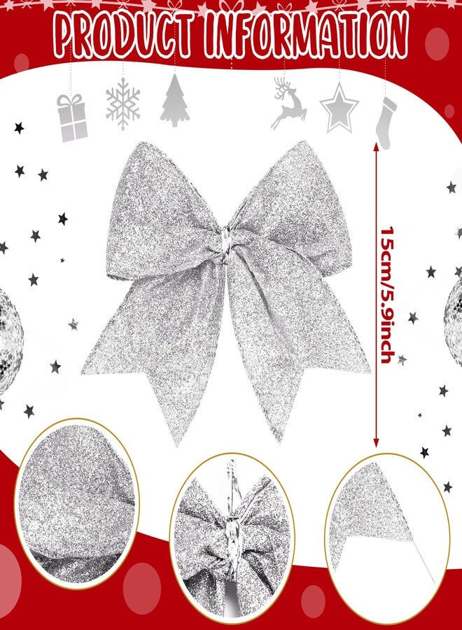Panelee 12 Pieces Christmas Glitter Bow Decorations 6 x 6 Inches Small Christmas Tree Bows Ornaments Gift Shiny Holiday Xmas Ribbon Decor for Wreath, Garland, DIY Crafts(Silver) - Image 2