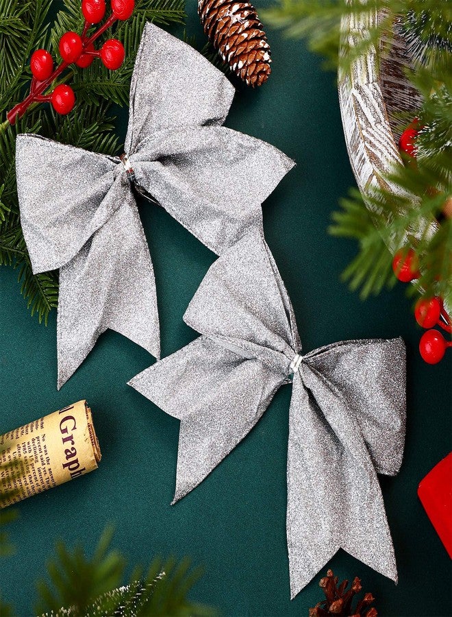 Panelee 12 Pieces Christmas Glitter Bow Decorations 6 x 6 Inches Small Christmas Tree Bows Ornaments Gift Shiny Holiday Xmas Ribbon Decor for Wreath, Garland, DIY Crafts(Silver) - Image 3