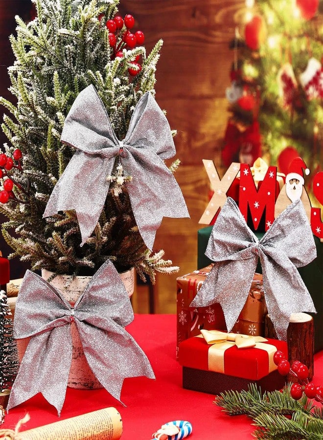 Panelee 12 Pieces Christmas Glitter Bow Decorations 6 x 6 Inches Small Christmas Tree Bows Ornaments Gift Shiny Holiday Xmas Ribbon Decor for Wreath, Garland, DIY Crafts(Silver) - Image 4