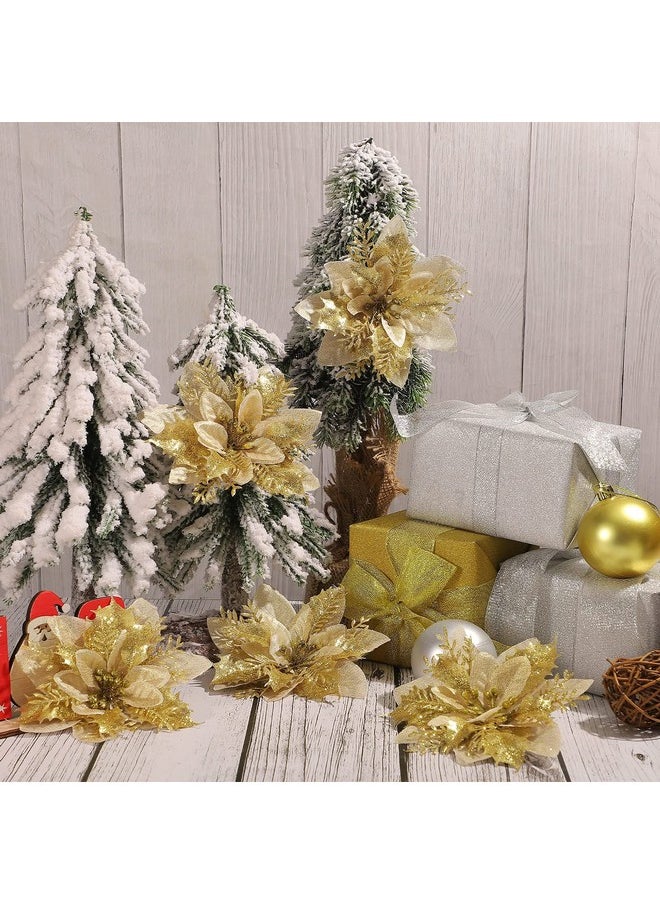 Chunyin - 24 Pieces Poinsettia Christmas Decorations Glitter Poinsettia Flowers 5.5 Inch Poinsettias Artificial Christmas Flowers For Christmas Tree Ornament Party Decorations Wreath Garlands(Gold) - Image 1