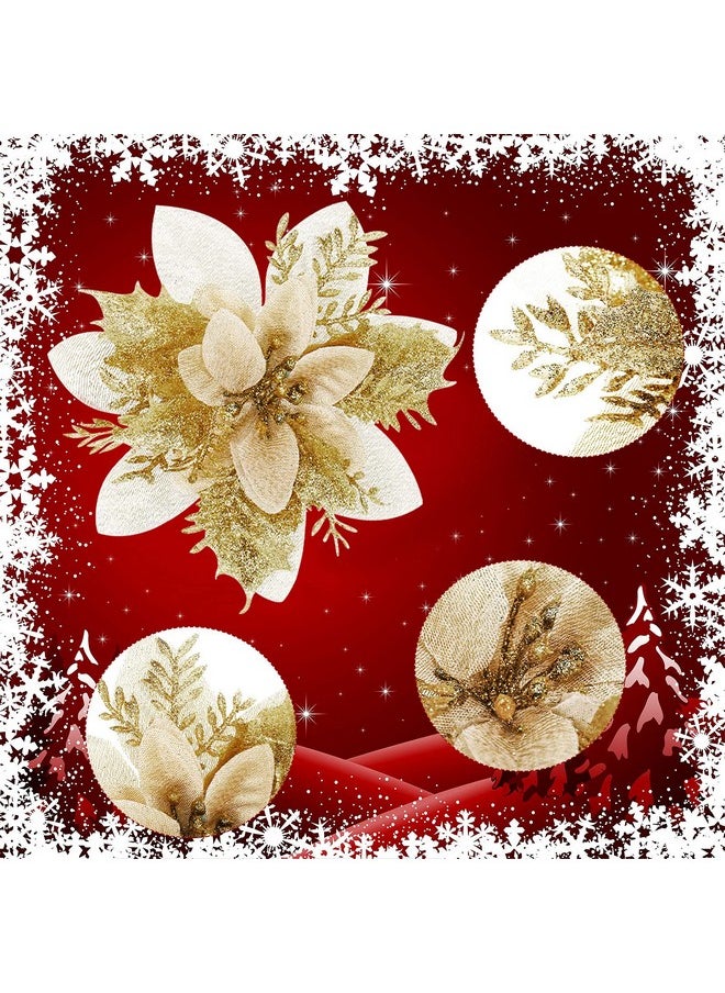 Chunyin - 24 Pieces Poinsettia Christmas Decorations Glitter Poinsettia Flowers 5.5 Inch Poinsettias Artificial Christmas Flowers For Christmas Tree Ornament Party Decorations Wreath Garlands(Gold) - Image 1