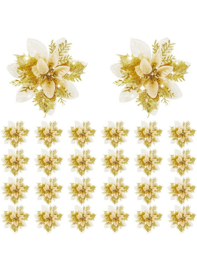 Chunyin - 24 Pieces Poinsettia Christmas Decorations Glitter Poinsettia Flowers 5.5 Inch Poinsettias Artificial Christmas Flowers For Christmas Tree Ornament Party Decorations Wreath Garlands(Gold) - Image 1