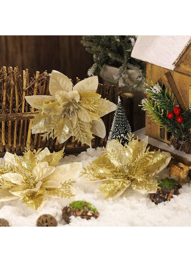 Chunyin - 24 Pieces Poinsettia Christmas Decorations Glitter Poinsettia Flowers 5.5 Inch Poinsettias Artificial Christmas Flowers For Christmas Tree Ornament Party Decorations Wreath Garlands(Gold) - Image 1