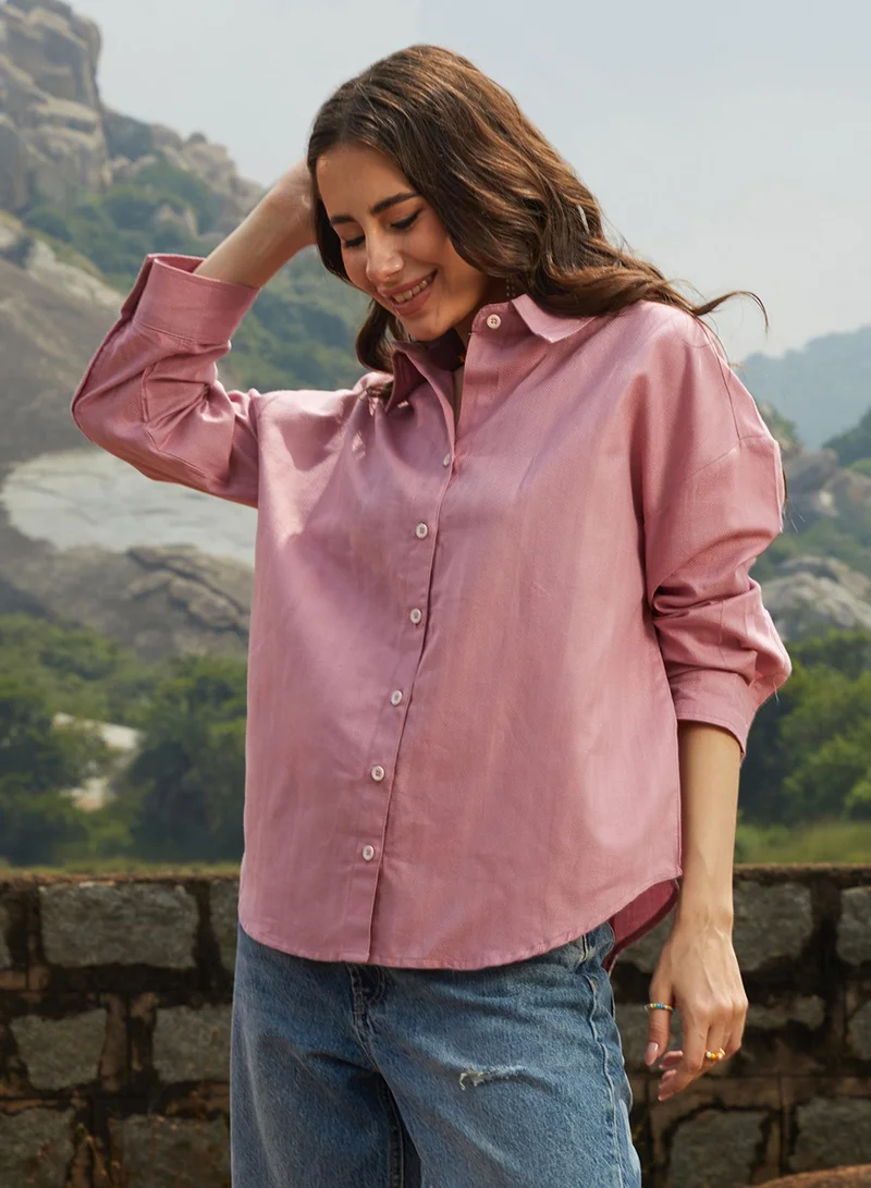Campus Sutra Women's Salmon Pink Self-Design Striped Shirt