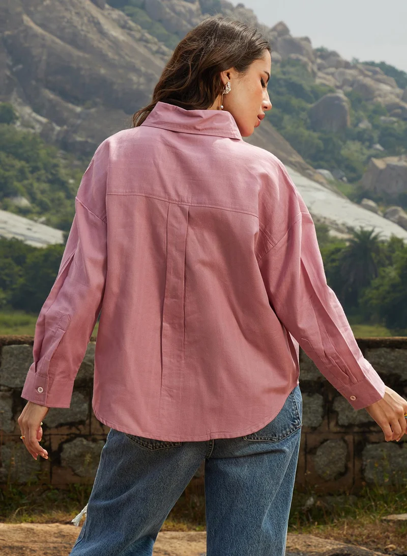 Campus Sutra Women's Salmon Pink Self-Design Striped Shirt