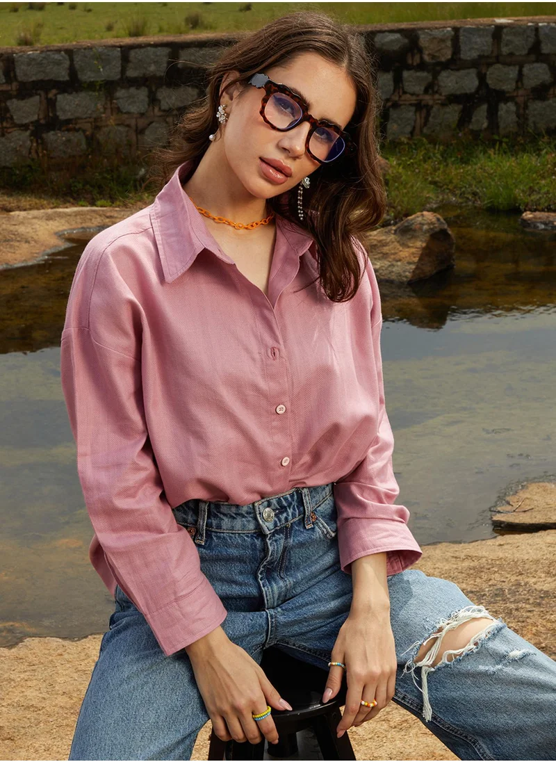 Campus Sutra Women's Salmon Pink Self-Design Striped Shirt
