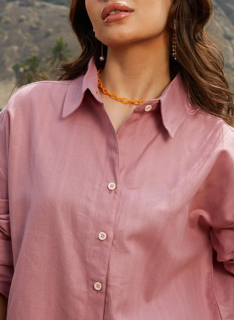 Campus Sutra Women's Salmon Pink Self-Design Striped Shirt