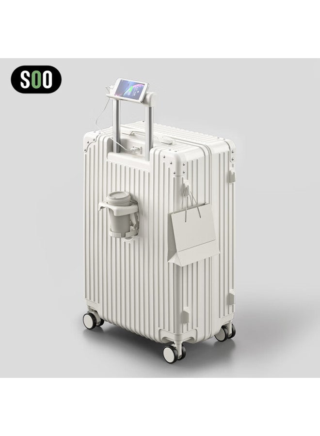 Soo Luggage, Multifunctional Suitcase, Trolley Case, Large Capacity For Students, Travel Password Lock, Leather Case, Cup Holder, White, 26 Inches - Image 1