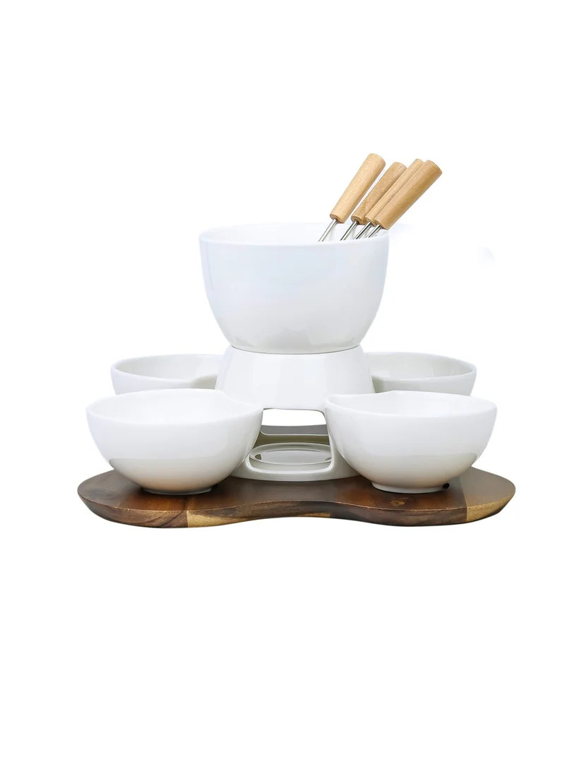 Shallow Shallow Acacia Wood Porcelain with Stainless Steel Single 10 Pieces Fondue Set, White & Brown, 27cm