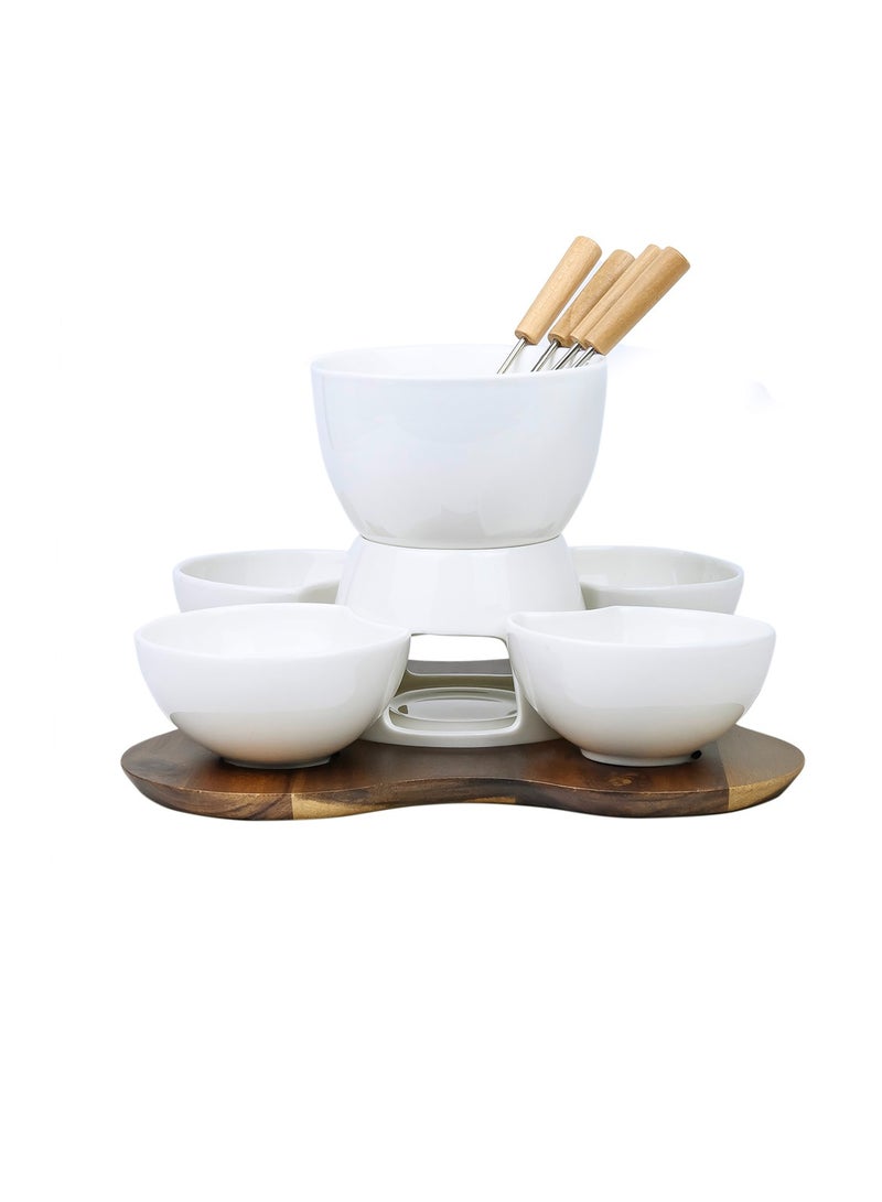 Shallow Acacia Wood Porcelain with Stainless Steel Single 10 Pieces Fondue Set, White & Brown, 27cm - Image 1