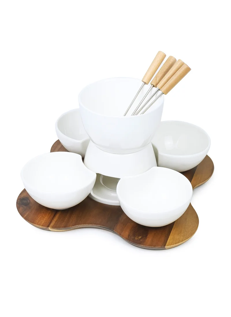 Shallow Shallow Acacia Wood Porcelain with Stainless Steel Single 10 Pieces Fondue Set, White & Brown, 27cm