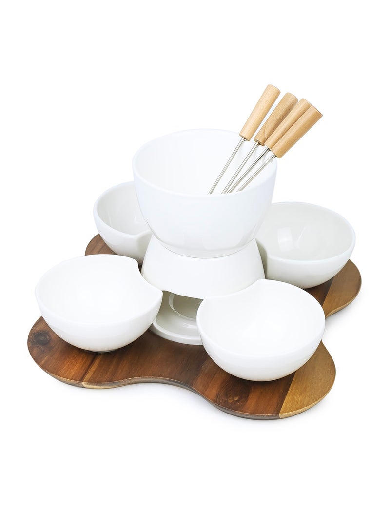 Shallow Acacia Wood Porcelain with Stainless Steel Single 10 Pieces Fondue Set, White & Brown, 27cm - Image 2