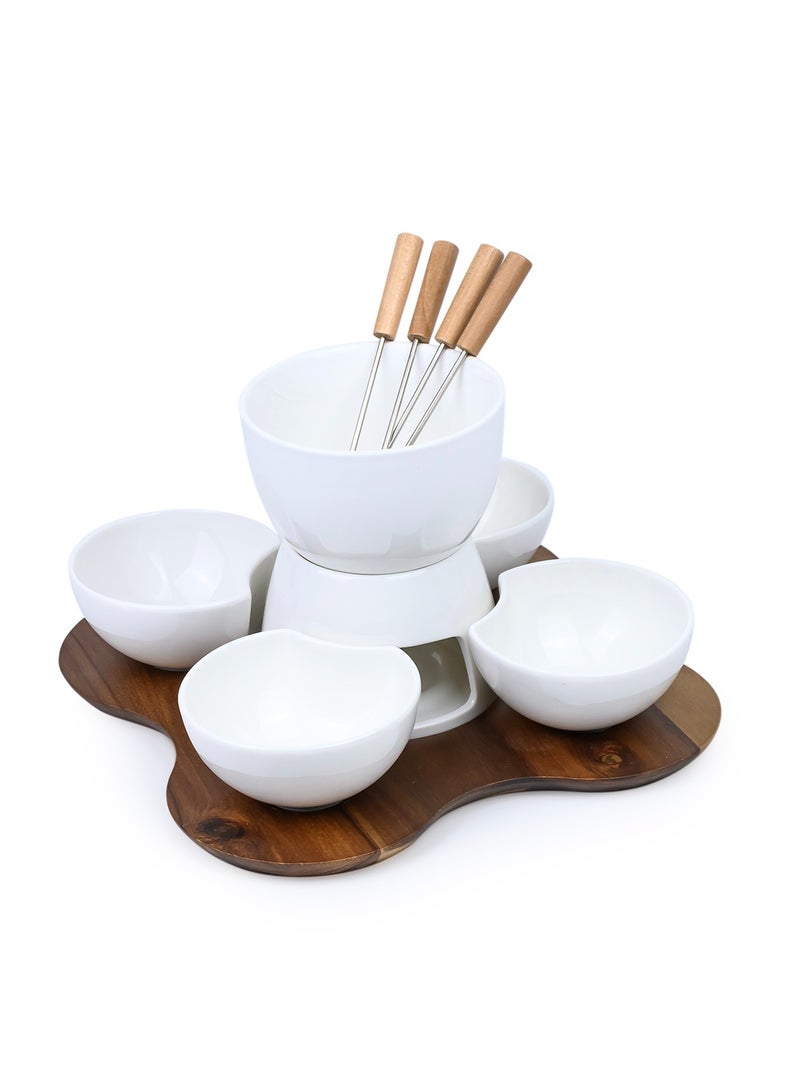 Shallow Acacia Wood Porcelain with Stainless Steel Single 10 Pieces Fondue Set, White & Brown, 27cm - Image 3