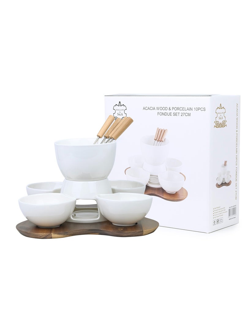 Shallow Acacia Wood Porcelain with Stainless Steel Single 10 Pieces Fondue Set, White & Brown, 27cm - Image 4