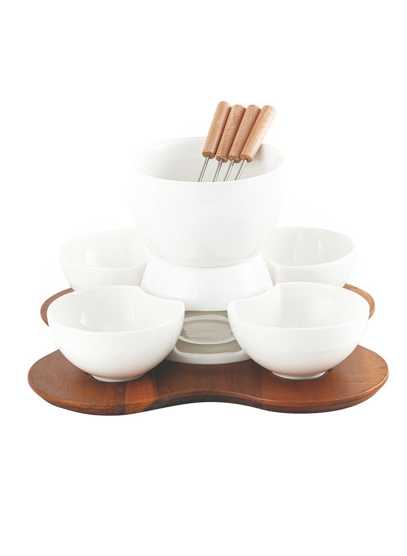 Shallow Acacia Wood Porcelain with Stainless Steel Single 10 Pieces Fondue Set, White & Brown, 27cm - Image 5