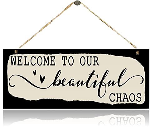 HOMECOR Welcome to Our Beautiful Chaos for Front Door, Wooden Wall Hanging - 10x4 Inches, Black - Image 5