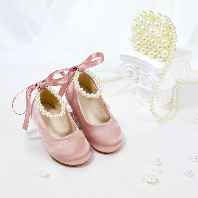 PHIRAMIN Toddler Flower Girl Satin Pink Dress Shoes - Little Girl Ballet Flats Size 7 Pearl Wedding Party - Image 3