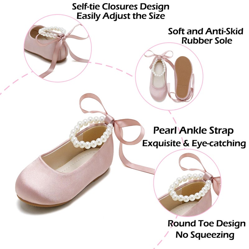 PHIRAMIN Toddler Flower Girl Satin Pink Dress Shoes - Little Girl Ballet Flats Size 7 Pearl Wedding Party - Image 5