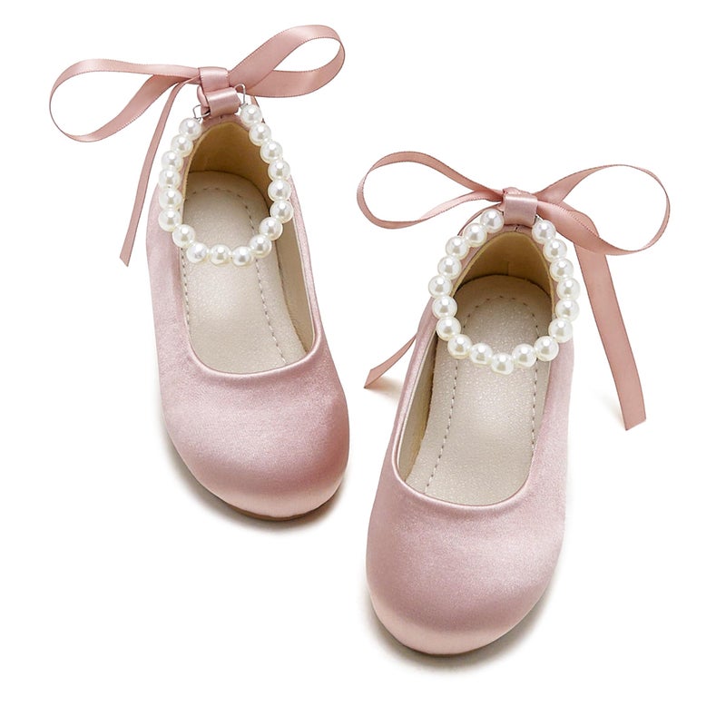 PHIRAMIN Toddler Flower Girl Satin Pink Dress Shoes - Little Girl Ballet Flats Size 7 Pearl Wedding Party - Image 1