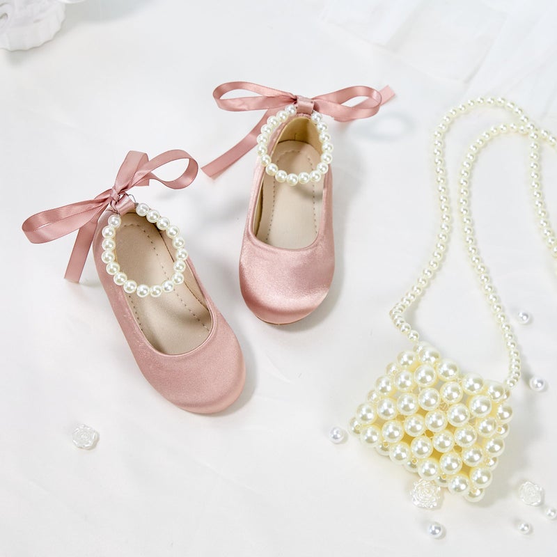 PHIRAMIN Toddler Flower Girl Satin Pink Dress Shoes - Little Girl Ballet Flats Size 7 Pearl Wedding Party - Image 2