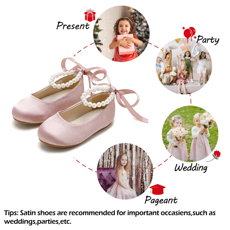 PHIRAMIN Toddler Flower Girl Satin Pink Dress Shoes - Little Girl Ballet Flats Size 7 Pearl Wedding Party - Image 4