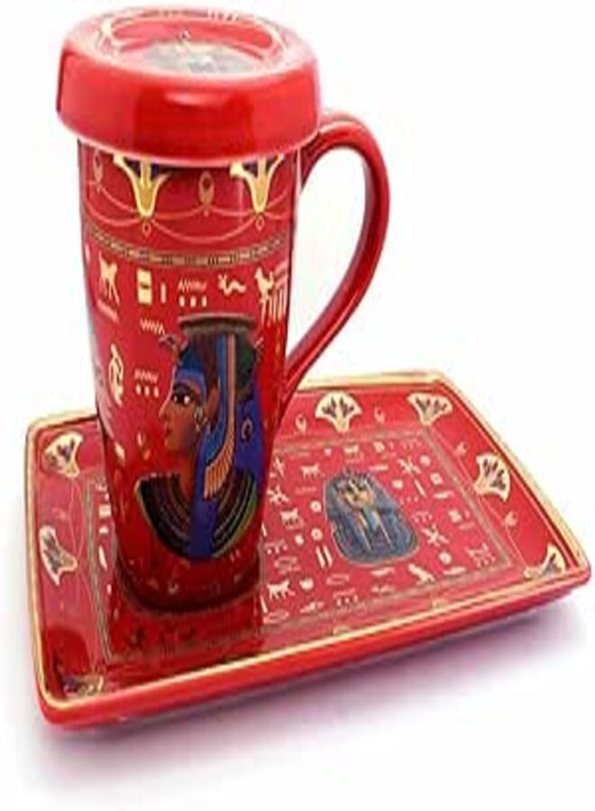 immatgar pack mug with cover and plate of pharaonic ancient Egyptian souvenirs gifts for women and men from Egypt (3kings - Red - 250 MM)