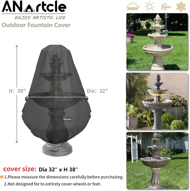 ANartcle غطاء نافورة خارجية مقاس D 32 بوصة × H 38 بوصة، غطاء نافورة خارجية مقاوم للماء من 600D ثقيل الوزن، غطاء واقٍ لتمثال نافورة الحديقة، أسود - Image 2