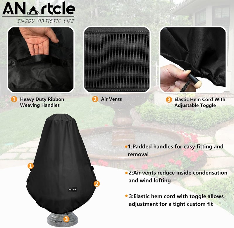 ANartcle غطاء نافورة خارجية مقاس D 32 بوصة × H 38 بوصة، غطاء نافورة خارجية مقاوم للماء من 600D ثقيل الوزن، غطاء واقٍ لتمثال نافورة الحديقة، أسود - Image 3