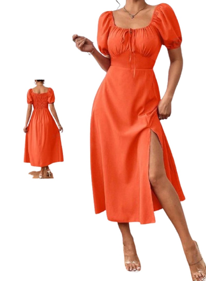 MANIKAN MANIKAN Elegant Dress with Puffed Sleeves, Sweetheart Neckline, and Side Slit, one size 