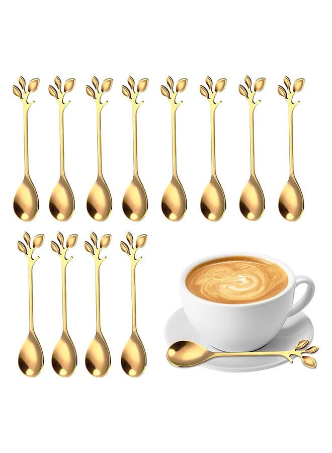 12 Pcs Dessert Spoons, Elegant Silver Creative Leaf Mini Stainless Steel for Stirring Mixing Sugar, Ice Cream, Cake Coffee Tea  - Image 1