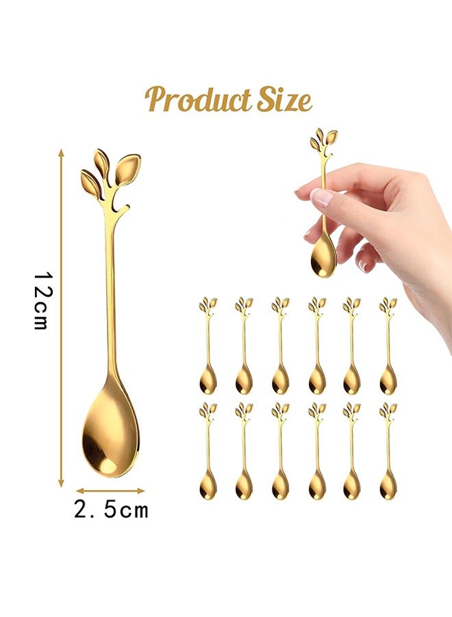 12 Pcs Dessert Spoons, Elegant Silver Creative Leaf Mini Stainless Steel for Stirring Mixing Sugar, Ice Cream, Cake Coffee Tea  - Image 2