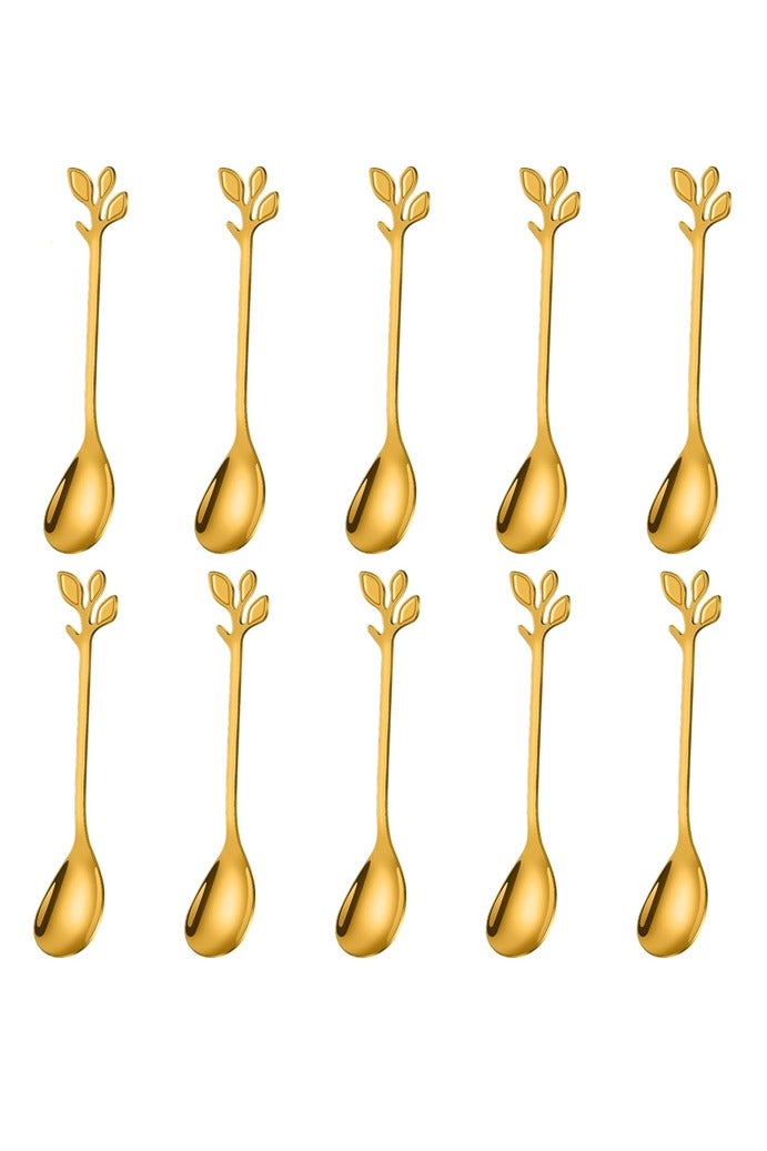 10 Pcs Dessert Spoons, Elegant Gold Creative Leaf Mini Stainless Steel for Stirring Mixing Sugar, Ice Cream, Cake Coffee Tea - Image 1