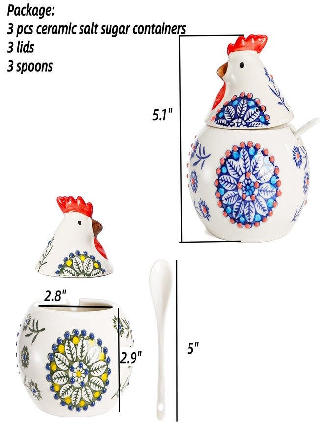 Dicunoy 3 Pack Ceramic Salt Sugar Containers, Large 13 OZ Chicken Salt Cellars with Lids and Spoons, Farmhouse Style Sturdy Condiment Jars for Serving, Home, Kitchen Countertop - Image 2