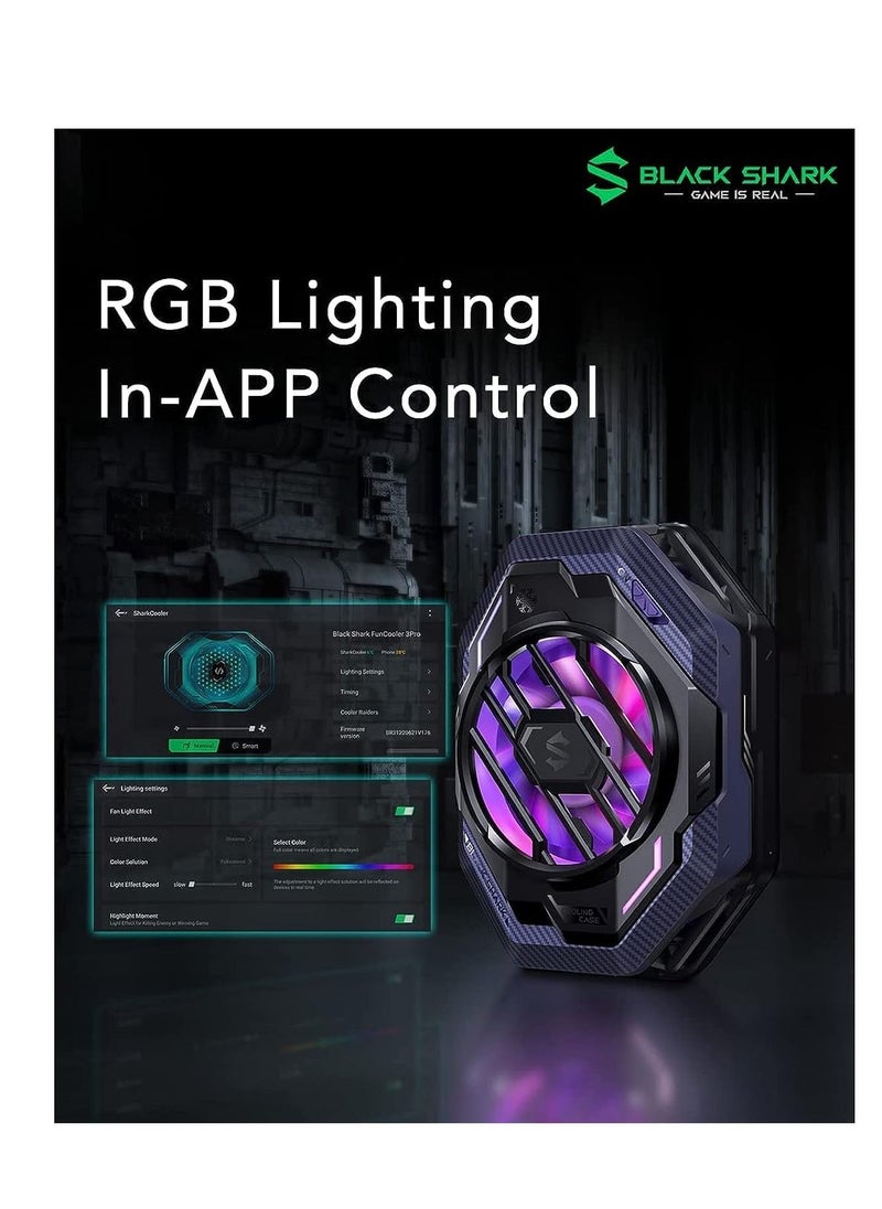بلاك شارك - مبرد الهاتف المحمول Fun Cooler 3 Pro بقوة 20 وات مع مبرد سريع التبريد للهواتف المحمولة مزود بمصابيح RGB و7 مراوح شفرة لنظام iOS وAndroid باللون الأسود - Image 1