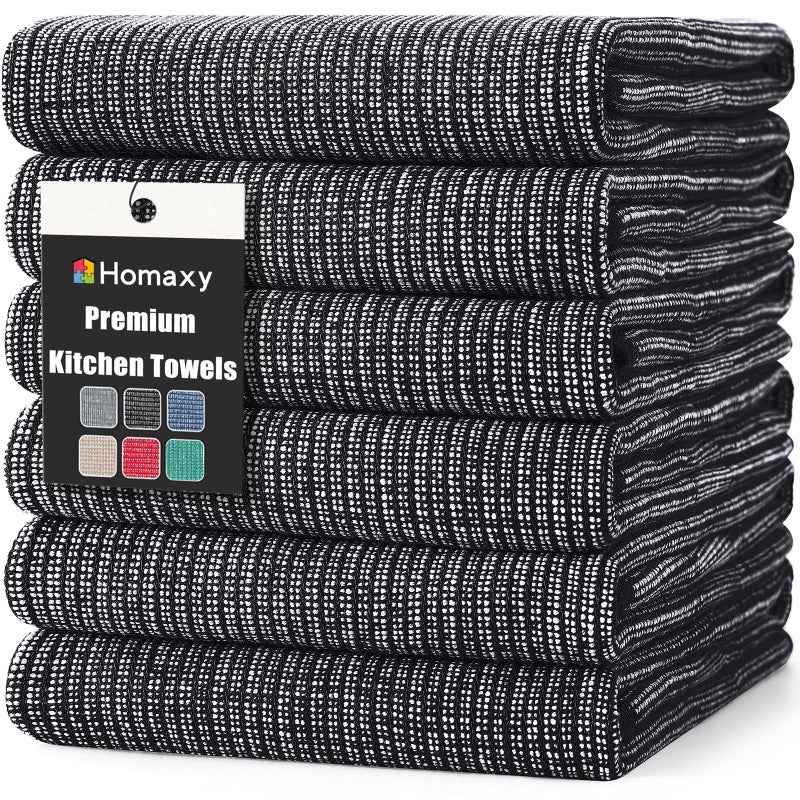 Homaxy Premium Kitchen Towels(18 x 28   6 Pack)  Large Cotton Kitchen Hand Towels  Flat and Terry Dish Towels  380 GSM Highly Absorbent Tea Towels Set with Hanging Loop  Black - Image 1