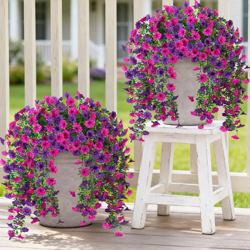 Hrobek Artificial Hanging Petunias Flowers for Outdoor, 4pcs Fake Plants Long Vine Morning Glory Eucalyptus, UV Resistant Realistic Faux Greenery Indoor Outside Patio Porch Garden Spring Summer Decor, Purple - Image 1