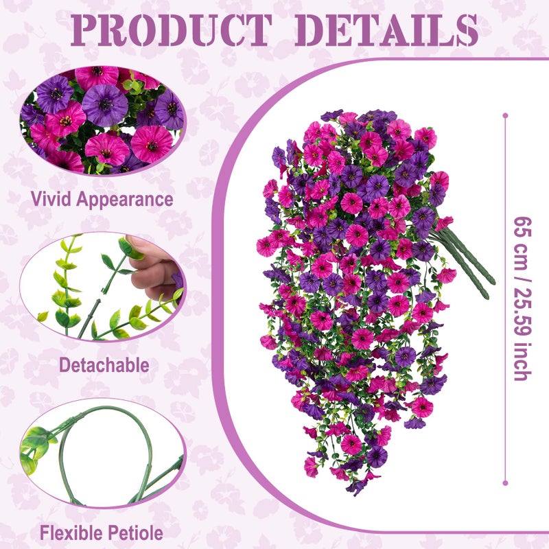 Hrobek Artificial Hanging Petunias Flowers for Outdoor, 4pcs Fake Plants Long Vine Morning Glory Eucalyptus, UV Resistant Realistic Faux Greenery Indoor Outside Patio Porch Garden Spring Summer Decor, Purple - Image 2